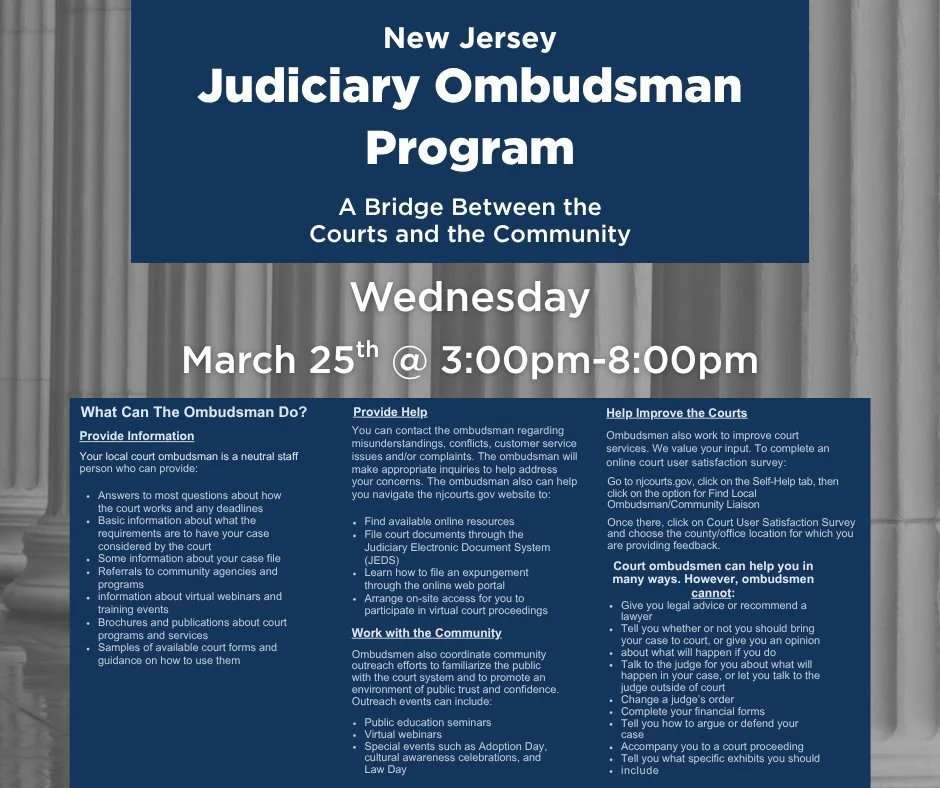 Stop into the library today from 3:00-8:00 to speak with a representative from the Office of Ombudsman and get all of your court questions answered!