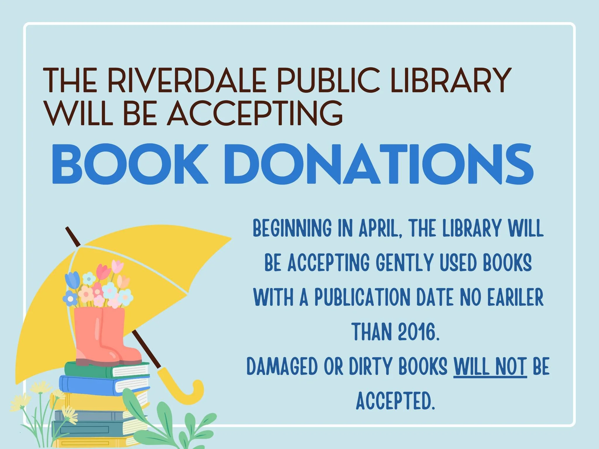 Starting next week we'll be accepting book donations for our pop-up book sales this summer📚 

Donations can be dropped off at the circulation desk during the library's hours of operation

And stay tuned for our pop-up sale dates and the rest of our 