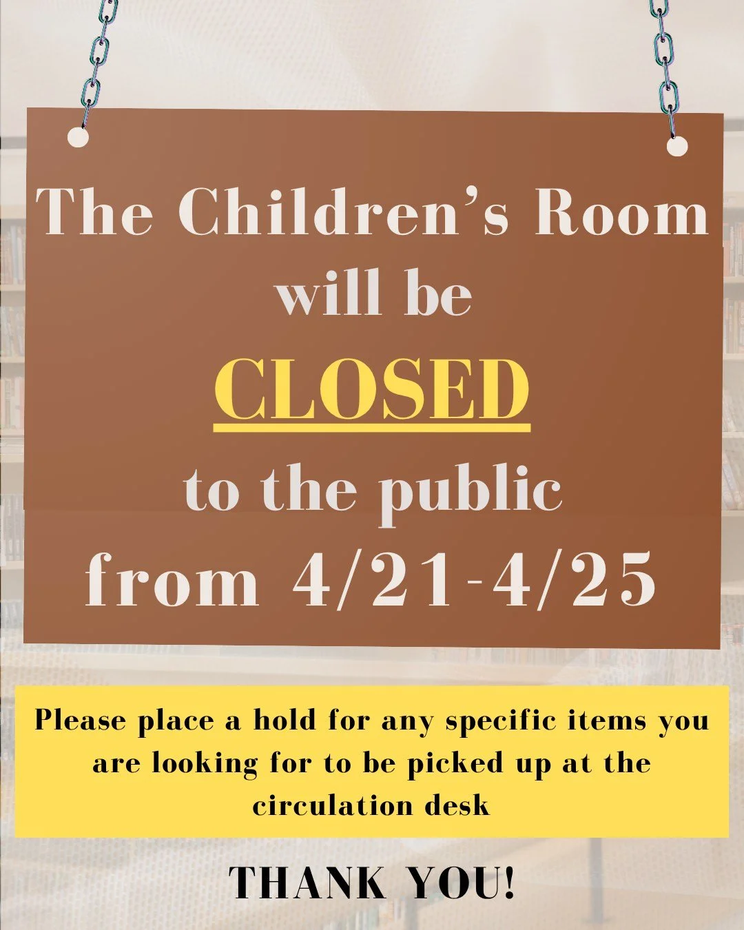 Please be advised that our children's room will remain closed to the public through Saturday 4/25 due to an ongoing maintenance issue. The rest of the library will operate as normal

If you have specific books that you are looking for, please place a