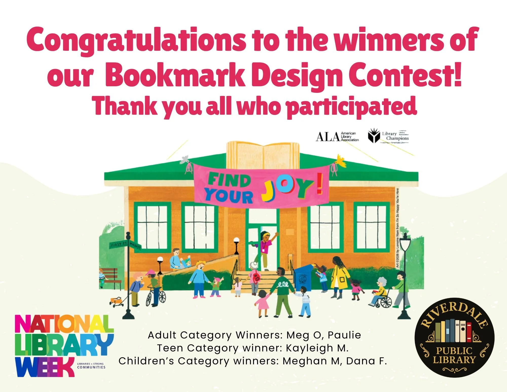 Announcing the winners of our bookmark contest!

The winning bookmarks will be available at the library while supplies last!

 #riverdalenj #riverdale #bookmarkcontest #nationallibraryweek