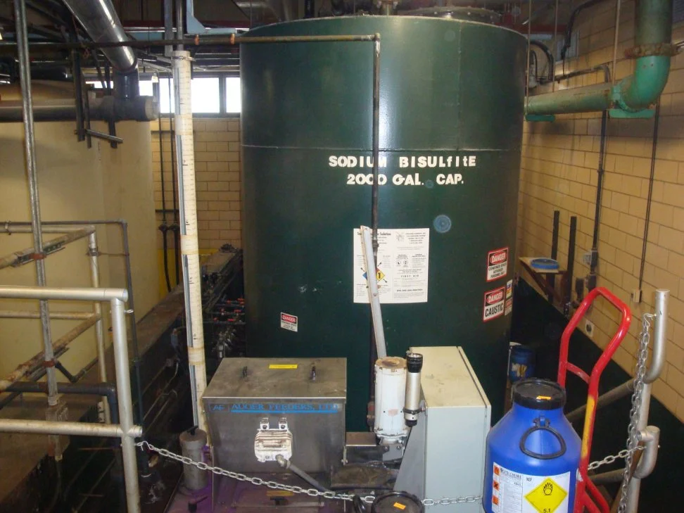 14. Sodium BiSulfite:
The existing disinfection system consists of a liquid sodium hypochlorite chlorination system and a sodium bisulfate dechlorination feed system housed in the lower level of the operations building 