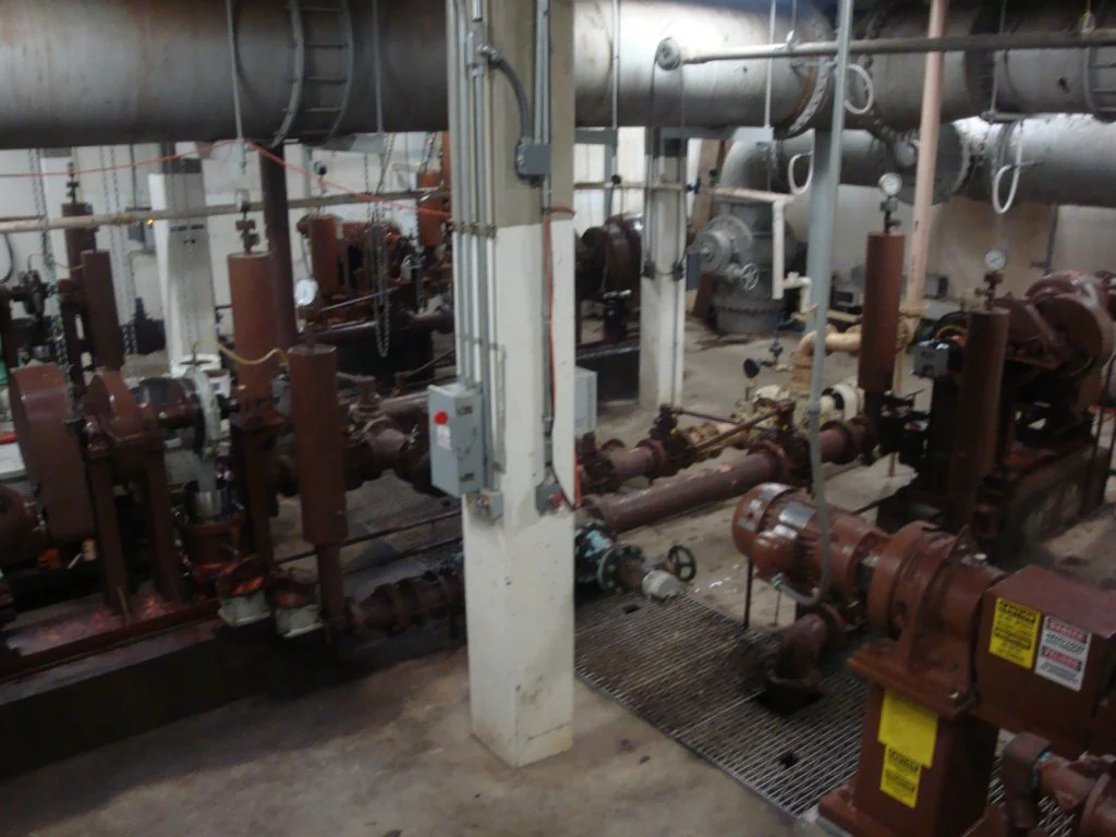 7. Primary Pump Gallery:
Flow of the wastewater is overhead in all of the grey piping
All of the brown equipment is the six primary sludge pumps.