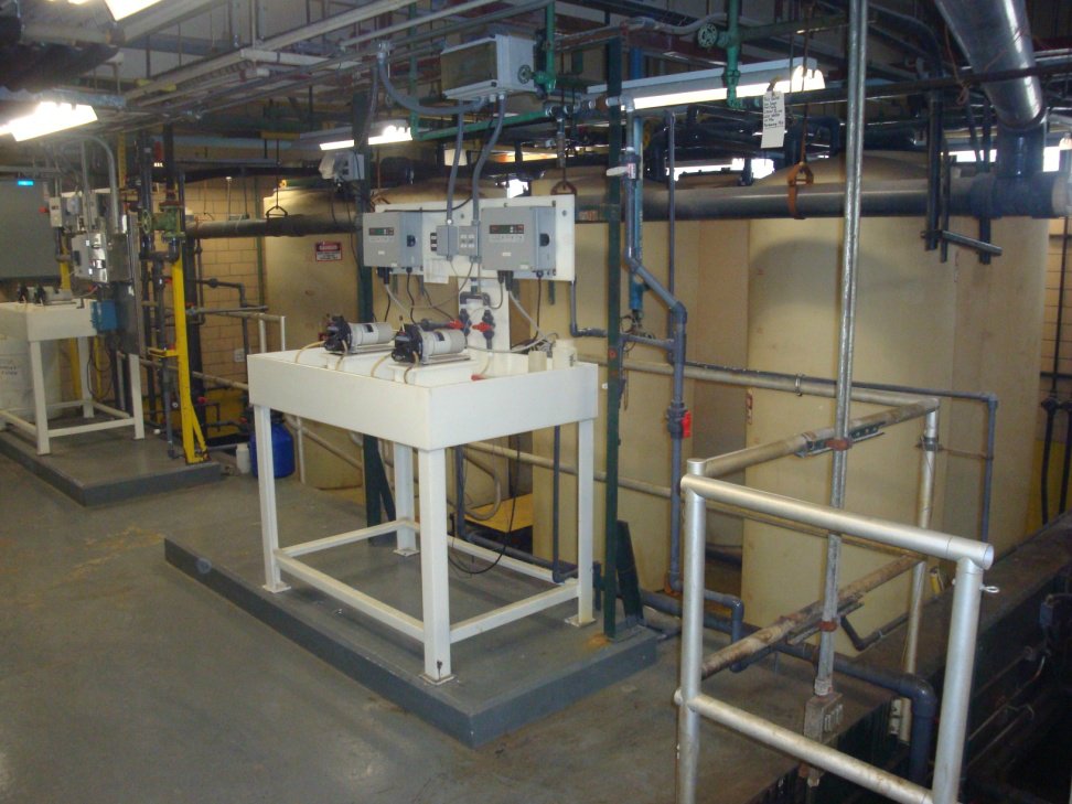 13. Sodium Hypochlorite: 
The existing disinfection system consists of a liquid sodium hypochlorite chlorination system and a sodium bisulfate dechlorination feed system housed in the lower level of the operations building 