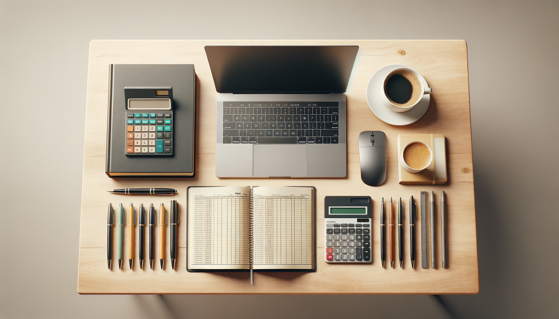 Overhead view of a tidy wooden desk with a laptop, multiple pens, a calculator, a black notebook with a calculator on top, two cups of coffee, a mouse, a ruler, a pen, an open planner, and a stack of books.