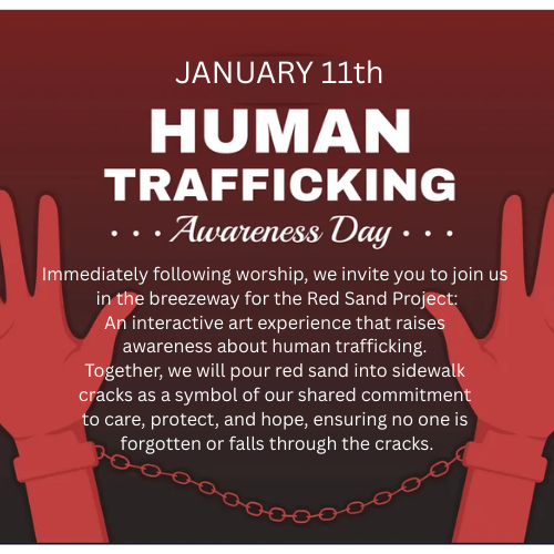 Poster for Human Trafficking Awareness Day with event details and imagery of red hands and chains.
