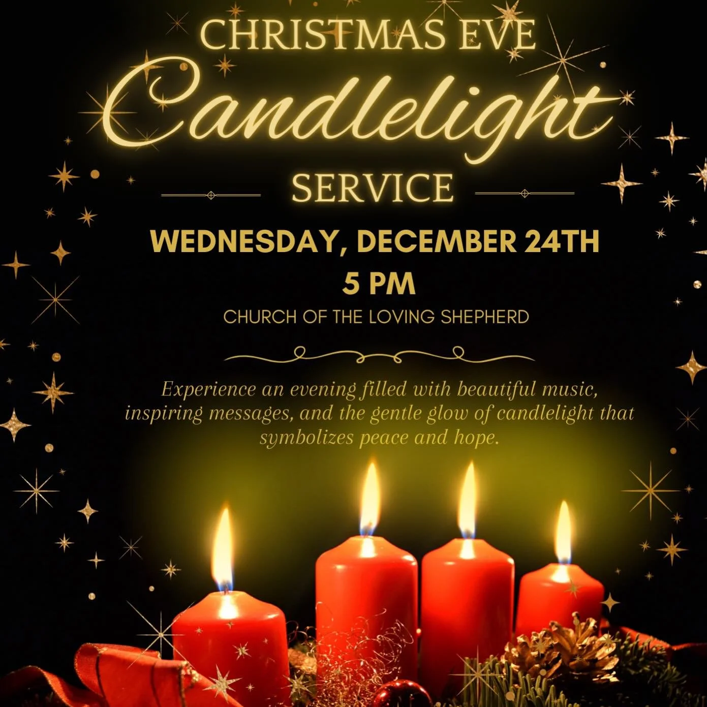 Celebrate Christmas with the singing of Carols, inspirational words, and closing with Silent Night in candlelight! If you would like to reserve seats, please email Jill by December 23rd. Revjill@churchofthelovingshepherd.org