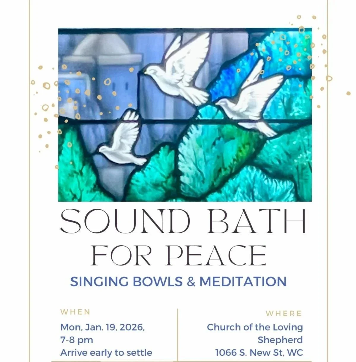 Illustration of three white doves flying above green foliage and a blue sky with abstract background elements, promoting a sound bath event for peace with singing bowls and meditation.
