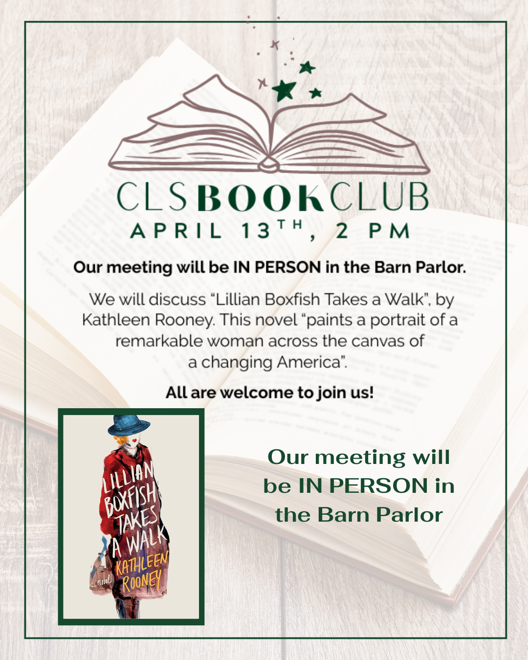Flyer for a book club meeting on April 13th at 2 PM, in the Barn Parlor, discussing the novel "Lillian Boxfish Takes a Walk" by Kathleen Rooney, featuring an illustration of an open book with stars and a book cover image of a person in a red coat and hat.