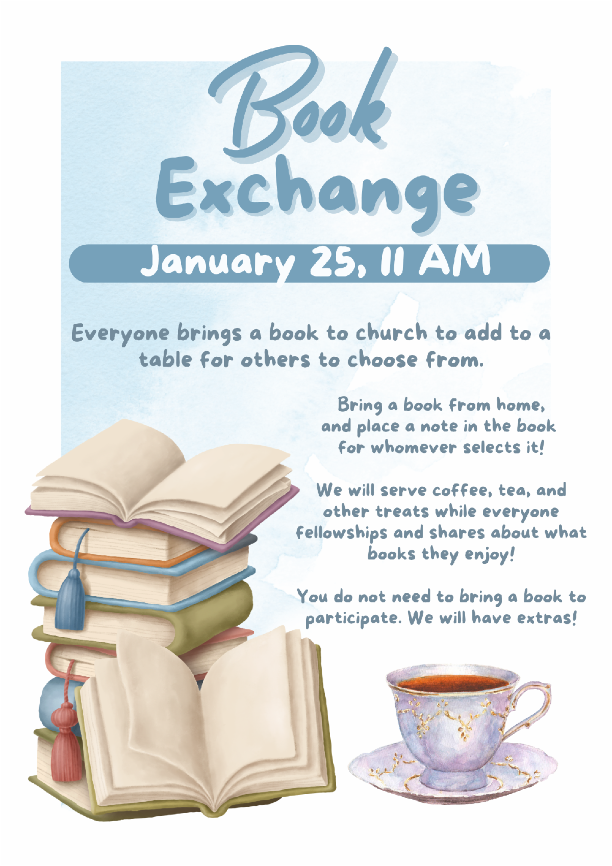 Flyer for a church book exchange event on January 25 at 11 AM, featuring a stack of books and a teacup, with details about bringing and sharing books.