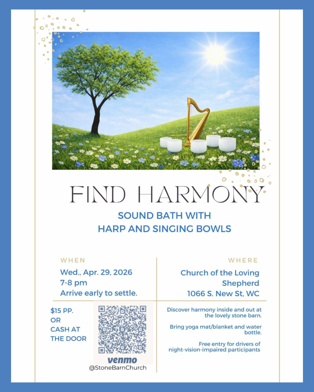 Flyer for an event titled 'Find Harmony' with an image of a serene outdoor scene featuring a tree, a blue sky, the sun, a harp, and singing bowls, promoting a sound bath with harp and singing bowls.
