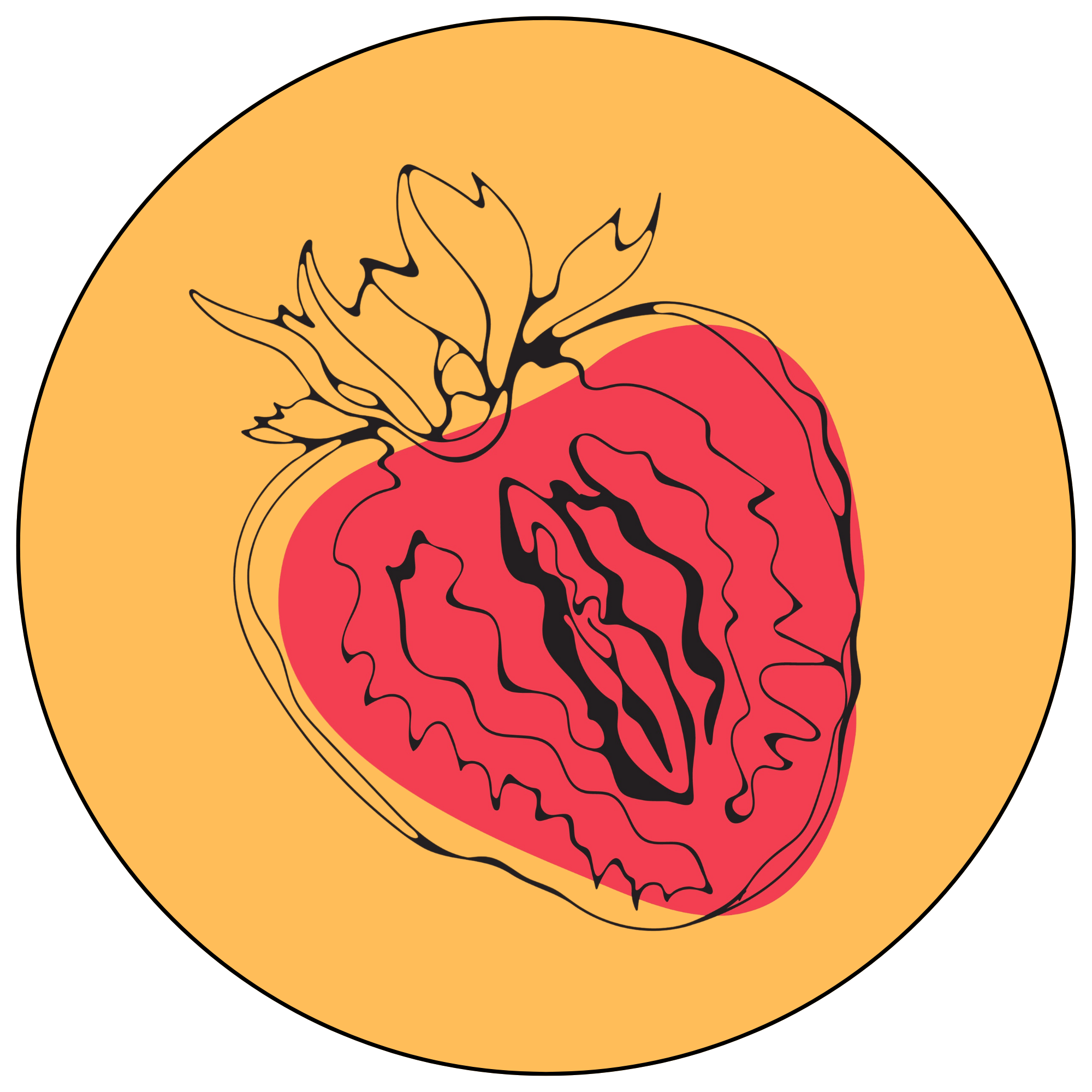 A stylized illustration of a tomato cut in half, showing the seeds and inner flesh.