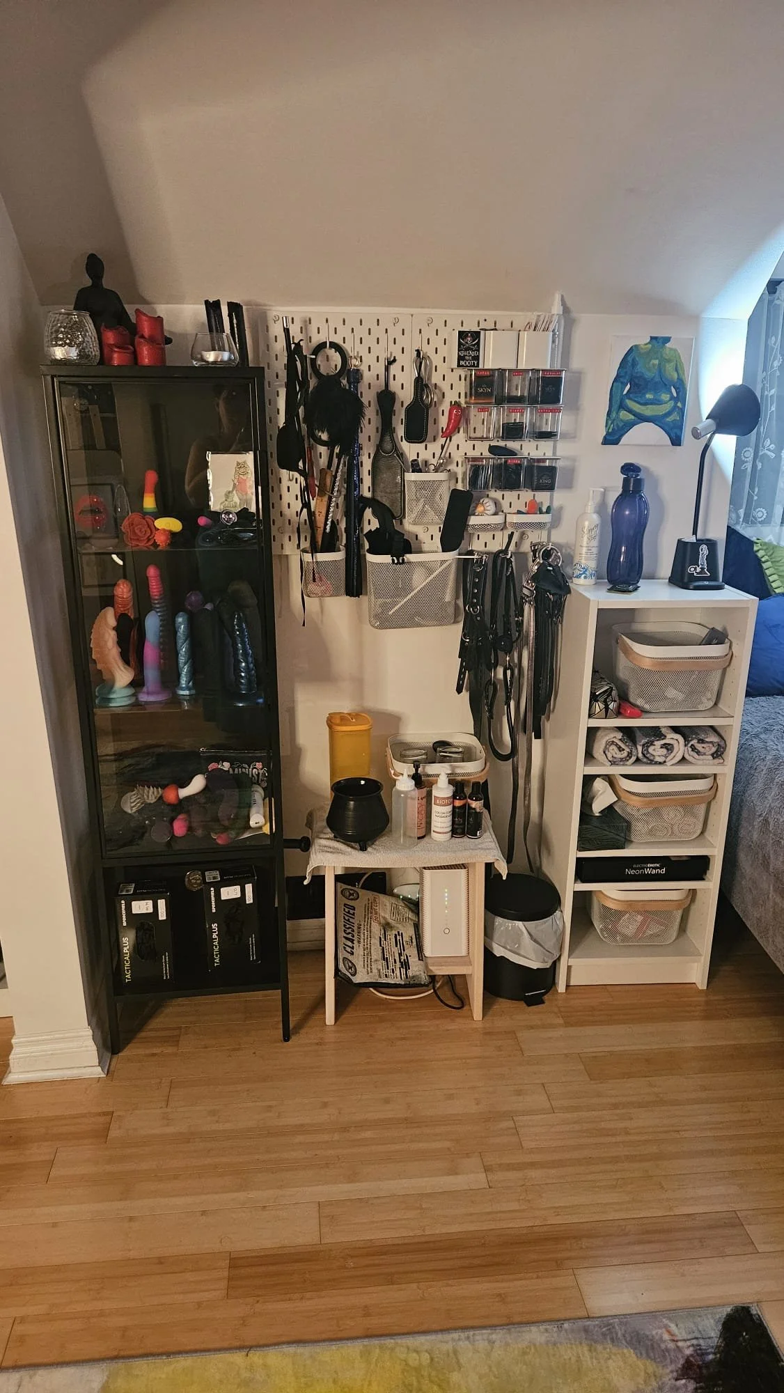 A bedroom corner with shelves and a pegboard holding various adult toys, restraints, and accessories for BDSM play, along with storage containers and a small table with bottles and electronic devices.