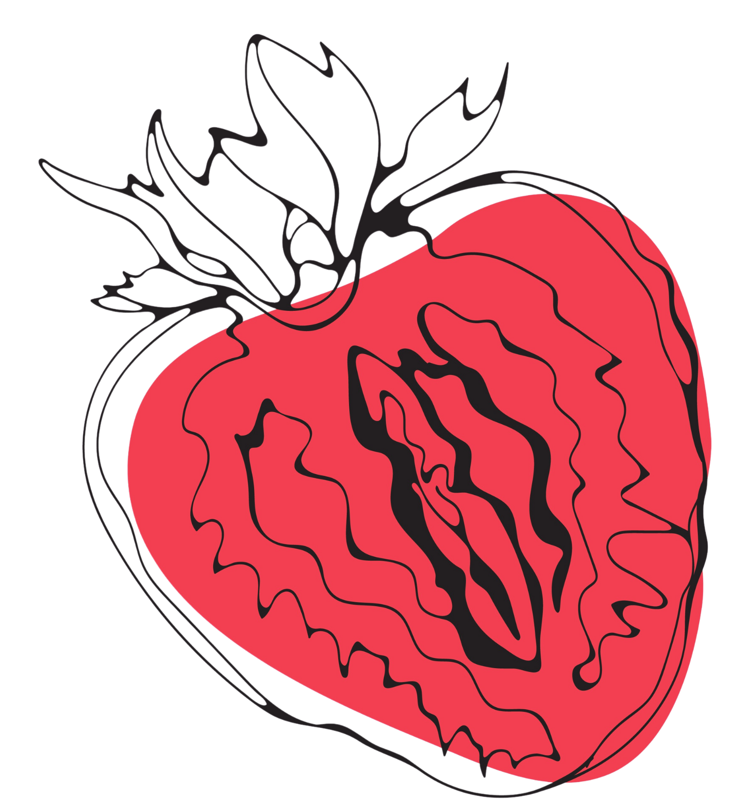 Digital illustration of a sliced strawberry with seeds and leaves.