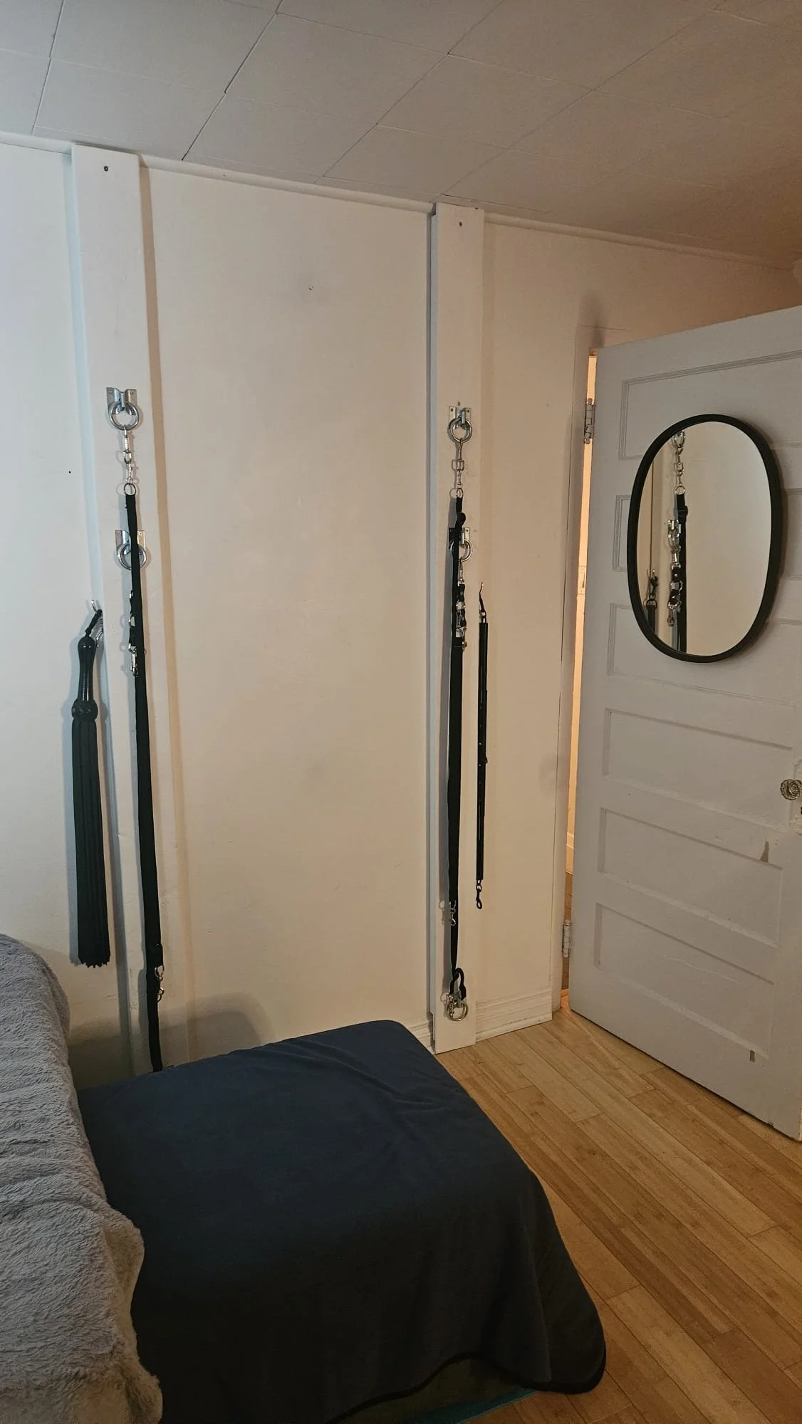 Room with wall-mounted rings and straps used for fitness exercises, partially visible sofa with blankets, wooden floor, and a door with a mirror.