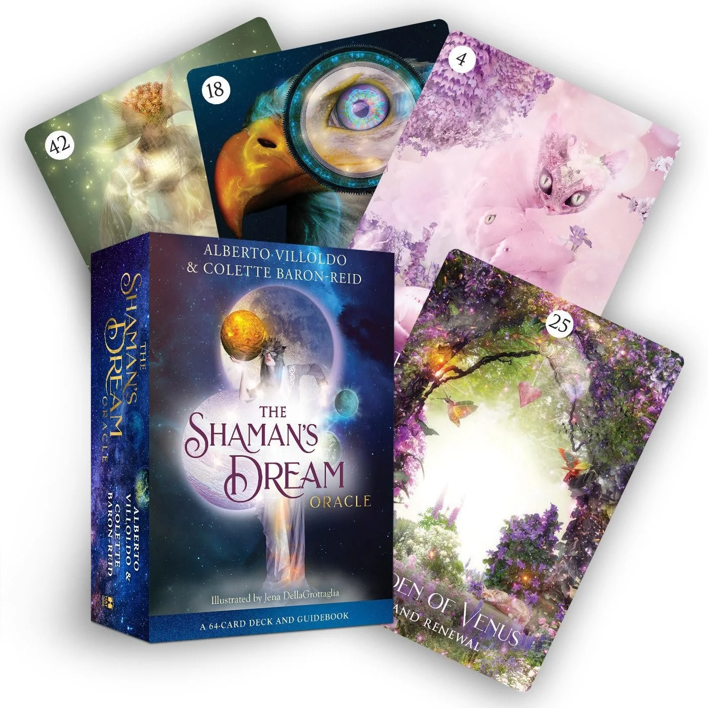 A set of oracle cards and a deck box called 'The Shaman's Dream Oracle,' with mystical, colorful spiritual artwork on the cards.