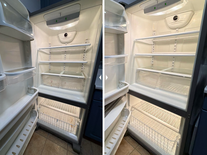 Before-and-after refrigerator deep cleaning showing the removal of buildup and residue from shelves, drawers, door bins, and interior surfaces.