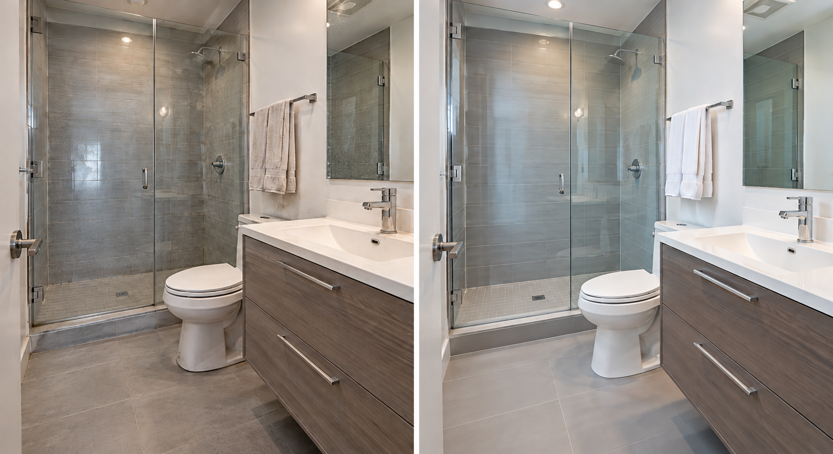 Before-and-after deep cleaning showing buildup removed from a bathtub and surrounding tile