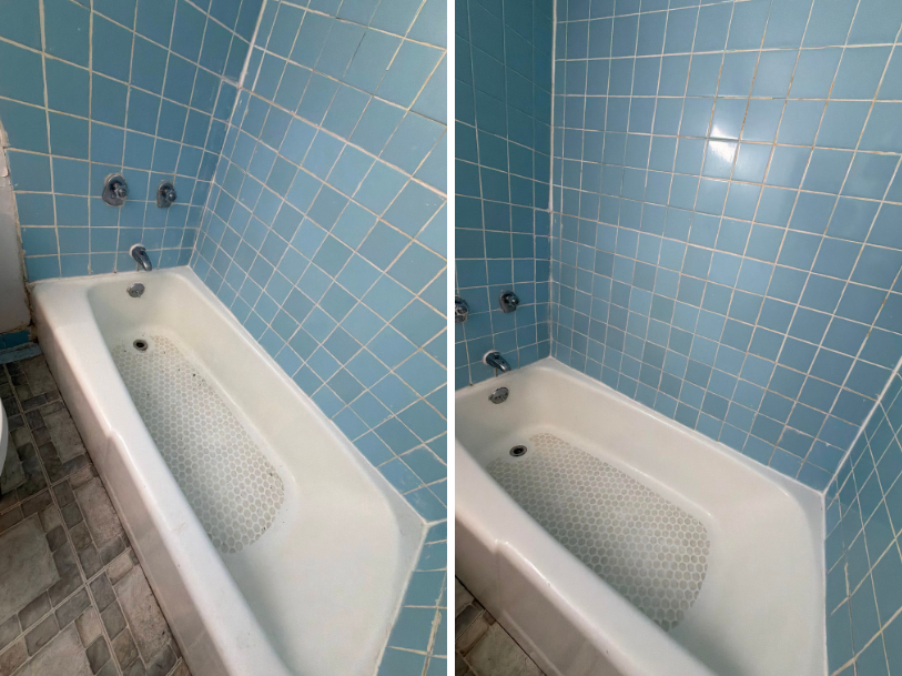Before-and-after move-out bathtub cleaning showing the removal of soap scum, residue, and buildup from the tub and surrounding tile for a cleaner, refreshed finish.