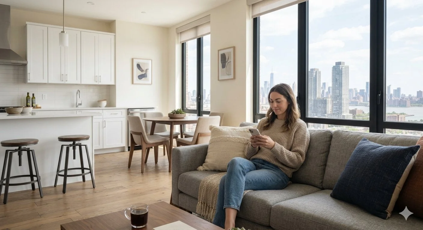Person sitting on a couch in a Jersey City apartment comparing house cleaning prices on their phone