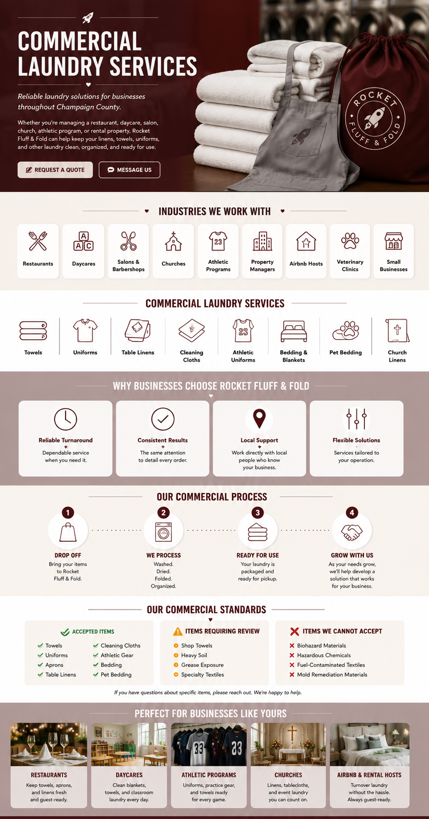 A commercial laundry services informational webpage featuring a pile of folded towels, a laundry bag with rocket logo, and a red laundry bag. The page includes sections on industries served, services offered like towels and uniforms, reasons to choose Rocket Fluff & Fold, their process, standards, and examples of businesses that benefit from their services.