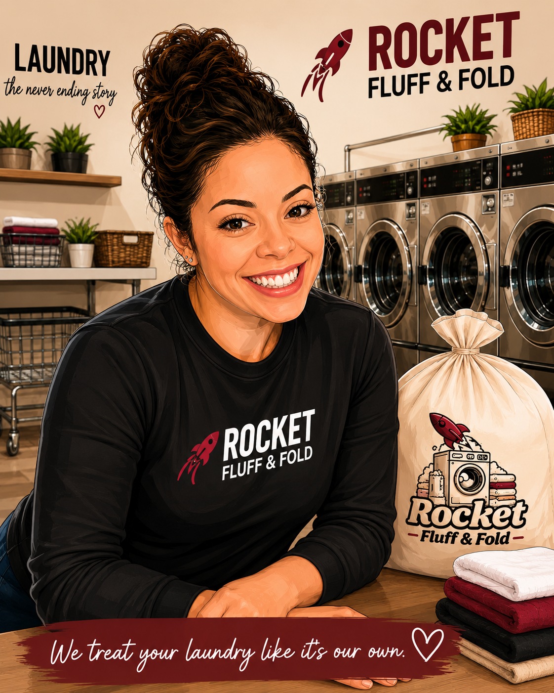 A woman smiling in a laundry room, wearing a black shirt with a rocket logo and the text 'ROCKET FLUFF & FOLD'. Behind her are washing machines, shelves with potted plants, and laundry baskets. A laundry bag with the Rocket logo is on the table beside folded towels. The wall has signage with the same logo and the phrase 'LAUNDRY the never ending story'. A maroon banner at the bottom reads, 'We treat your laundry like it's our own.'