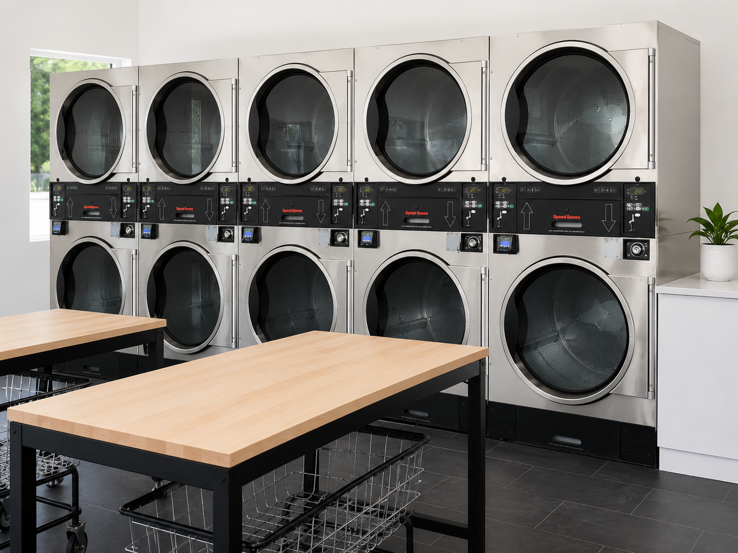 Commercial laundry room with multiple front-loading washing machines stacked in a row.
