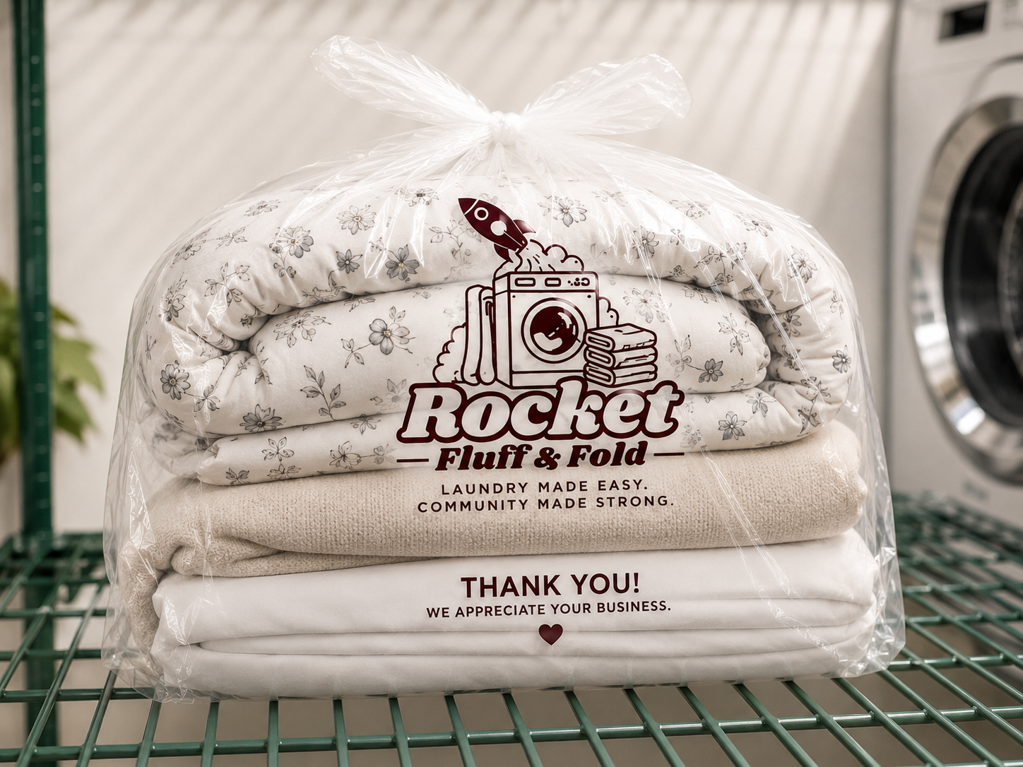 A package of folded laundry inside a clear plastic bag with a Rocket Fluff & Fold logo featuring a rocket and washing machine illustration, and a thank you message, on a laundry room shelf.