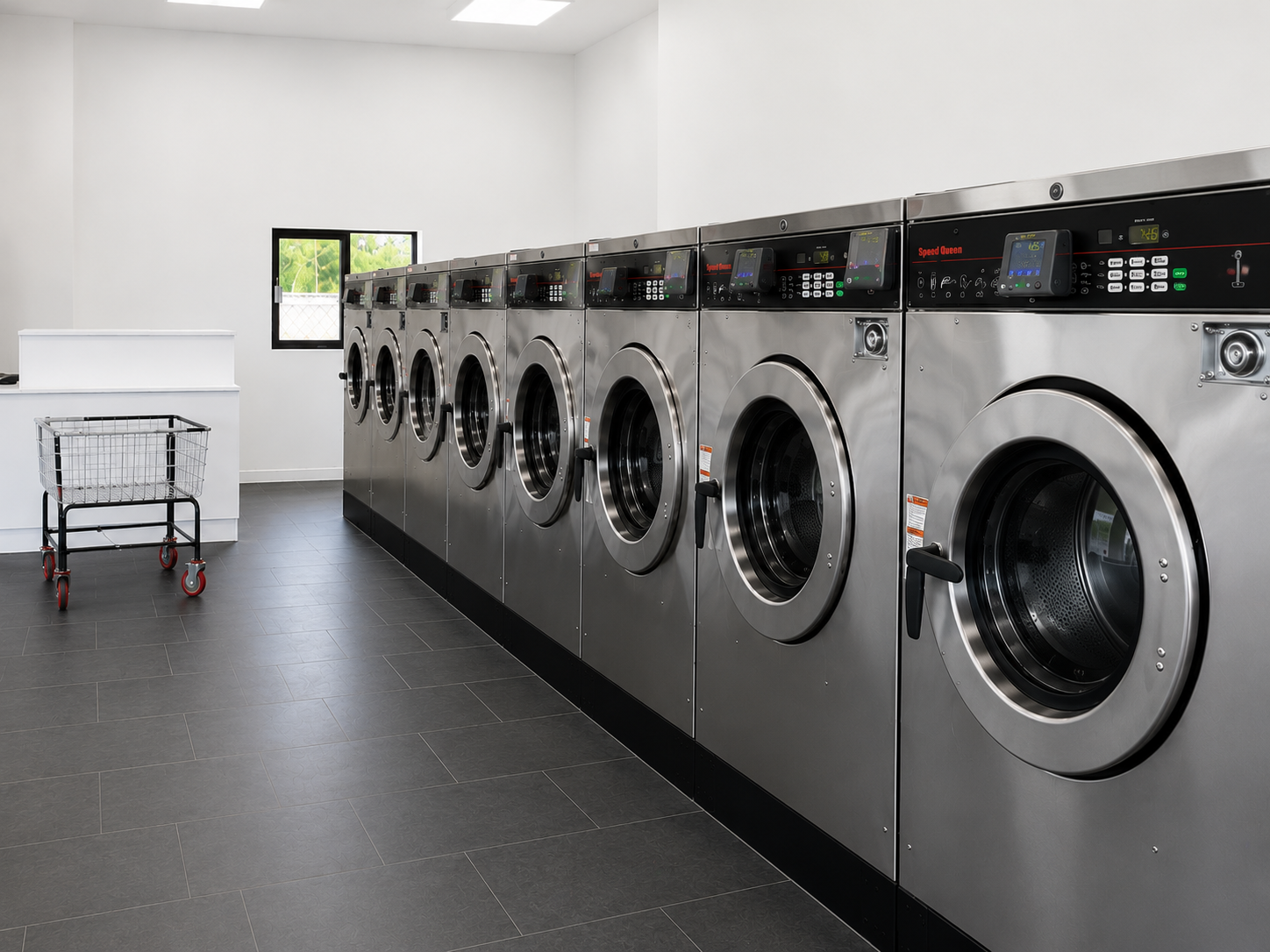 Laundry room with multiple stainless steel washing machines, a small laundry cart, a window, and a white counter.