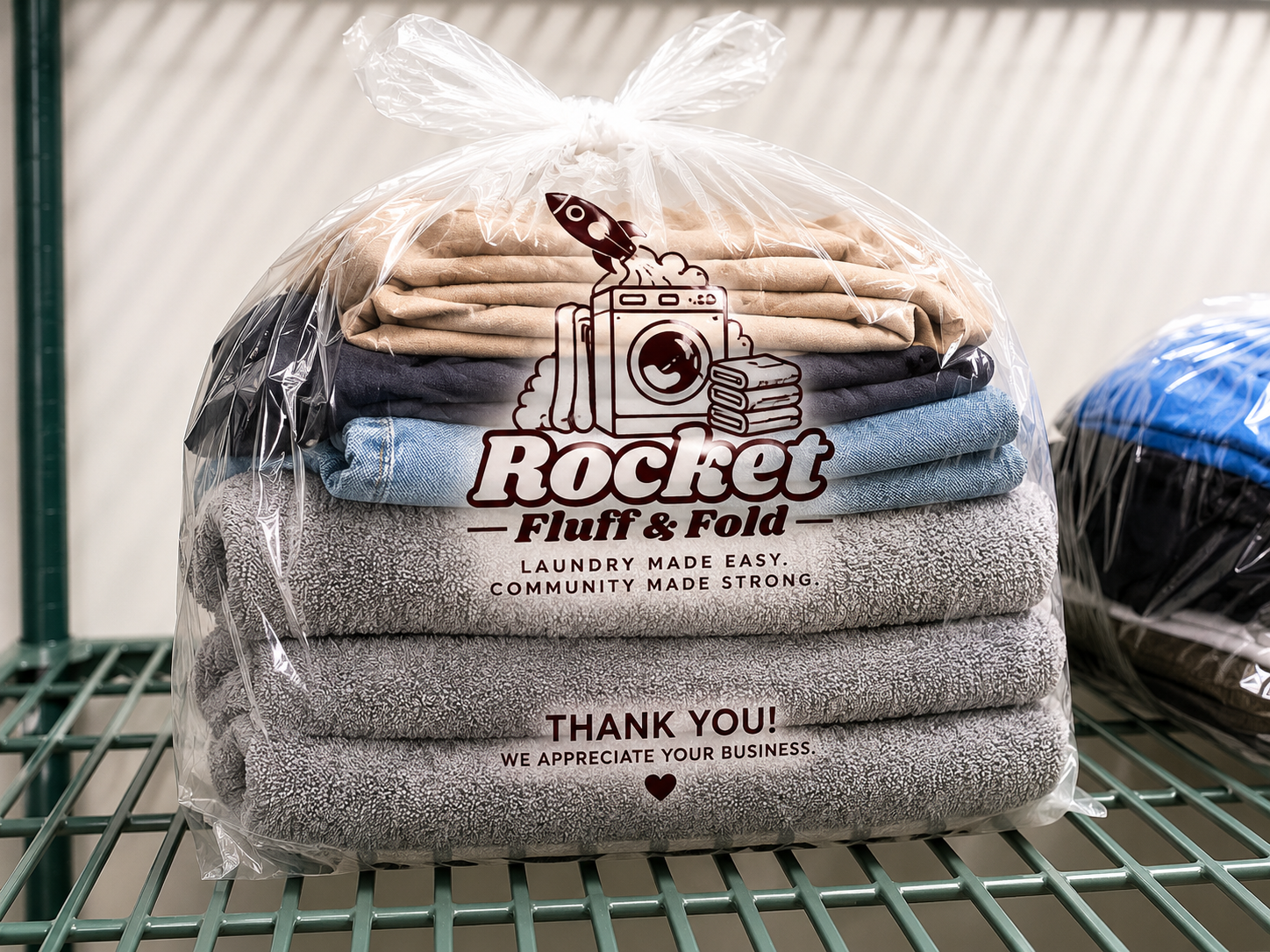Stacked folded clothes wrapped in plastic with a Rocket Fluff & Fold logo and thank you message