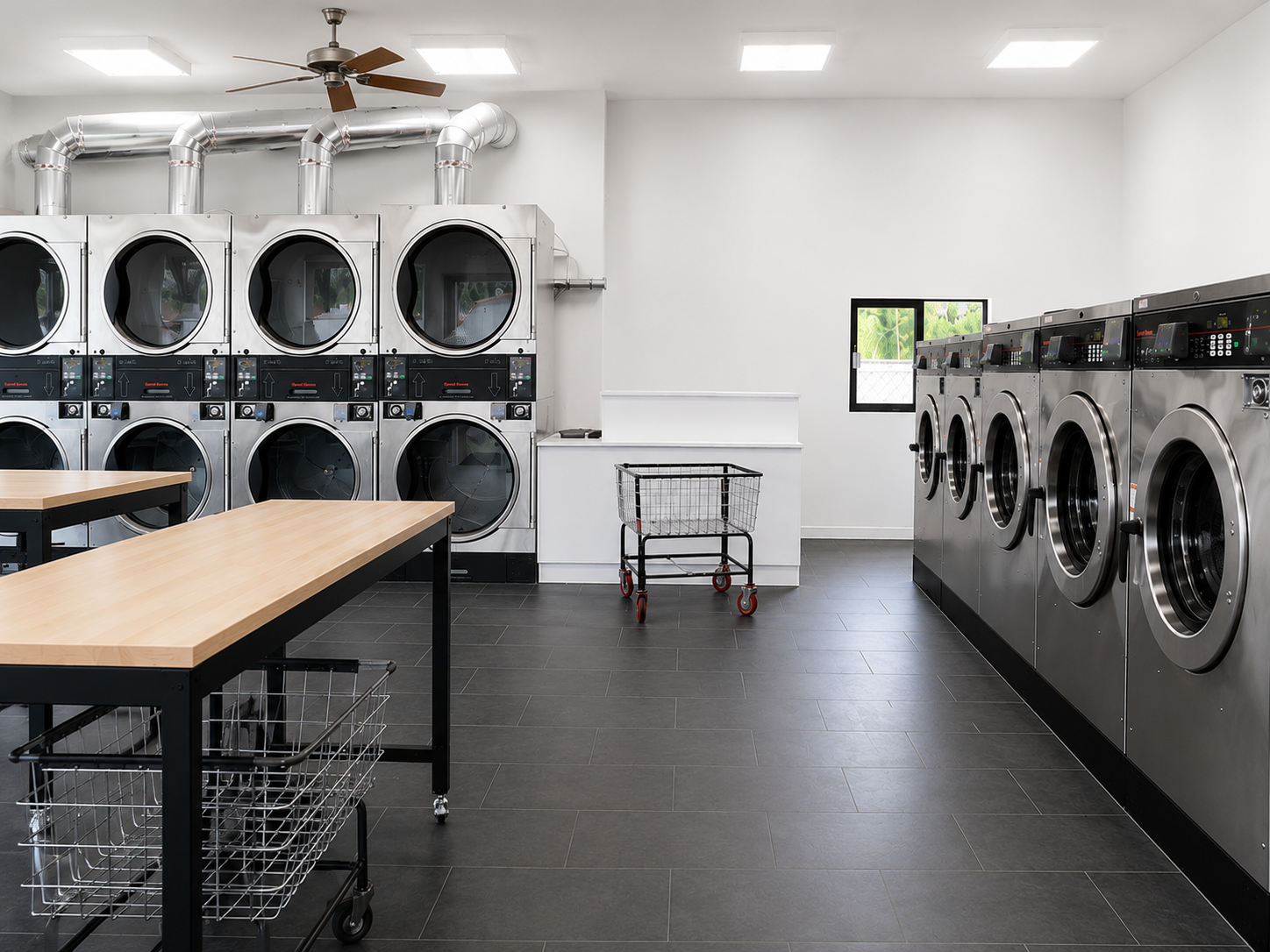 Empty commercial laundry room with front-loading washers and dryers, tables, a shopping cart, a small window, and a ceiling fan.