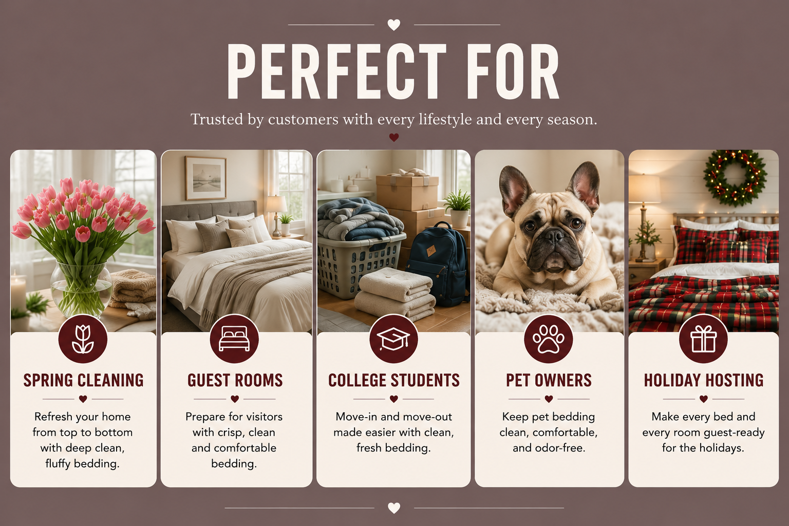 A banner with multiple images of room settings and items, including flowers, a bed, laundry, a dog, and a decorated holiday bed, promoting hospitality services for different seasons and purposes.
