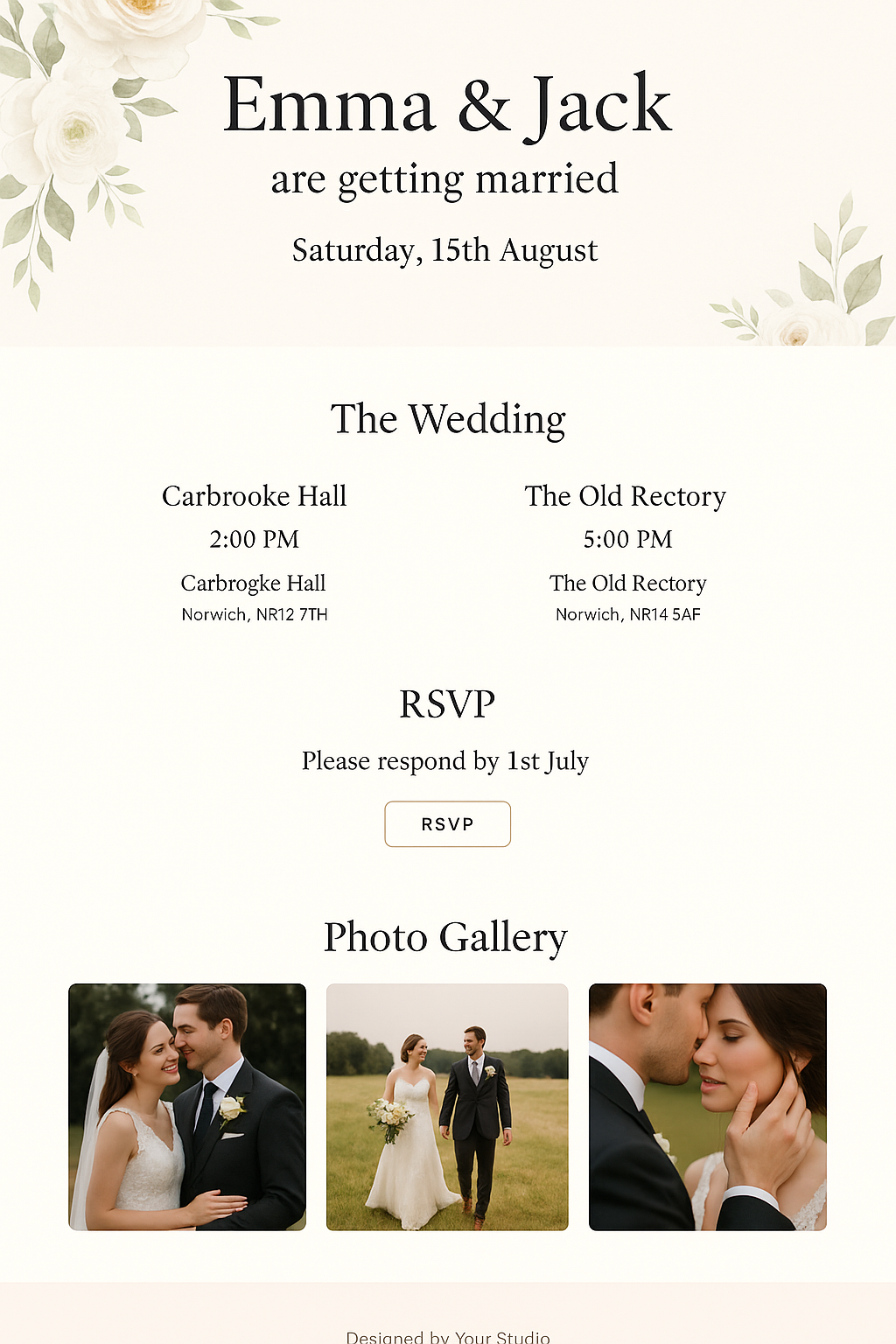 Wedding invitation with floral decoration, announcing Emma and Jack's wedding on August 15th, at Carbrooke Hall and The Old Rectory in Norwich, with RSVP details and photo gallery of the couple.