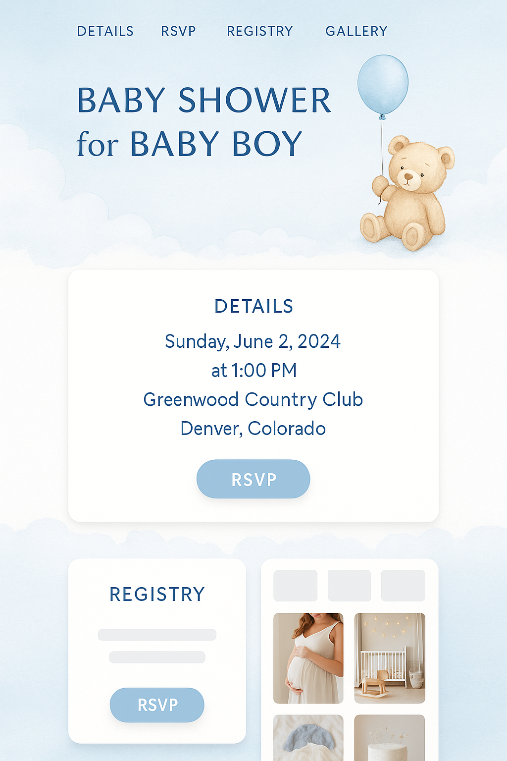 Baby shower invitation with a teddy bear holding a blue balloon, announcing a baby boy shower event on June 2, 2024, at 1:00 PM at Greenwood Country Club, Denver, Colorado.