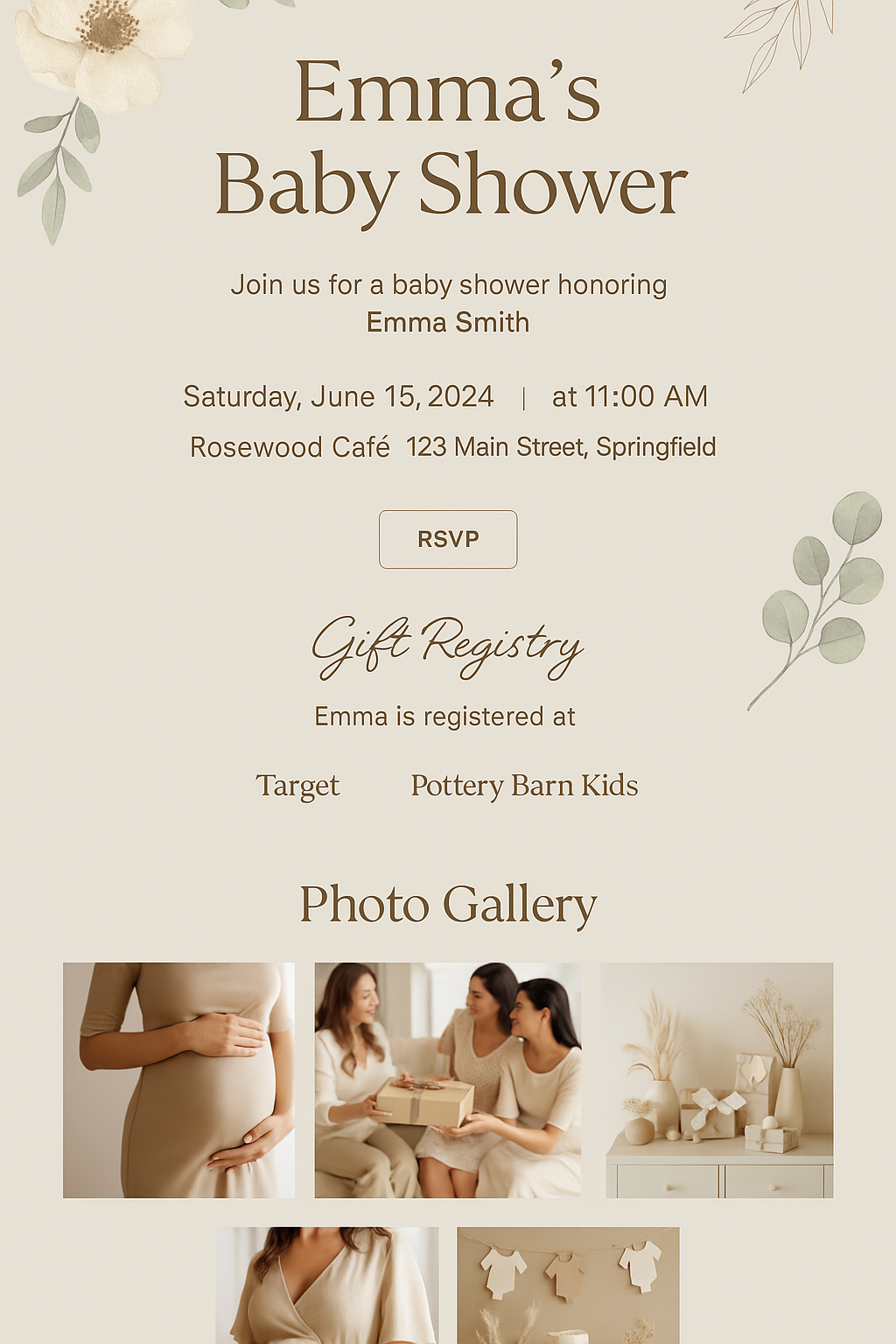 Invitation for Emma's baby shower featuring floral and eucalyptus designs, with photos of pregnant woman, gift exchange, and neutral-toned decor.