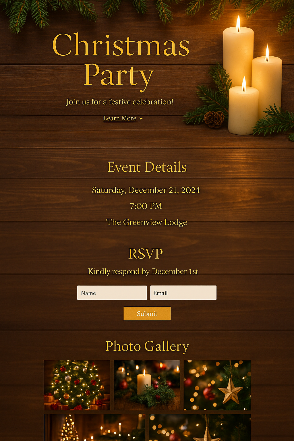 Christmas party invitation with lit candles, pine branches, and Christmas decorations on a wooden background.