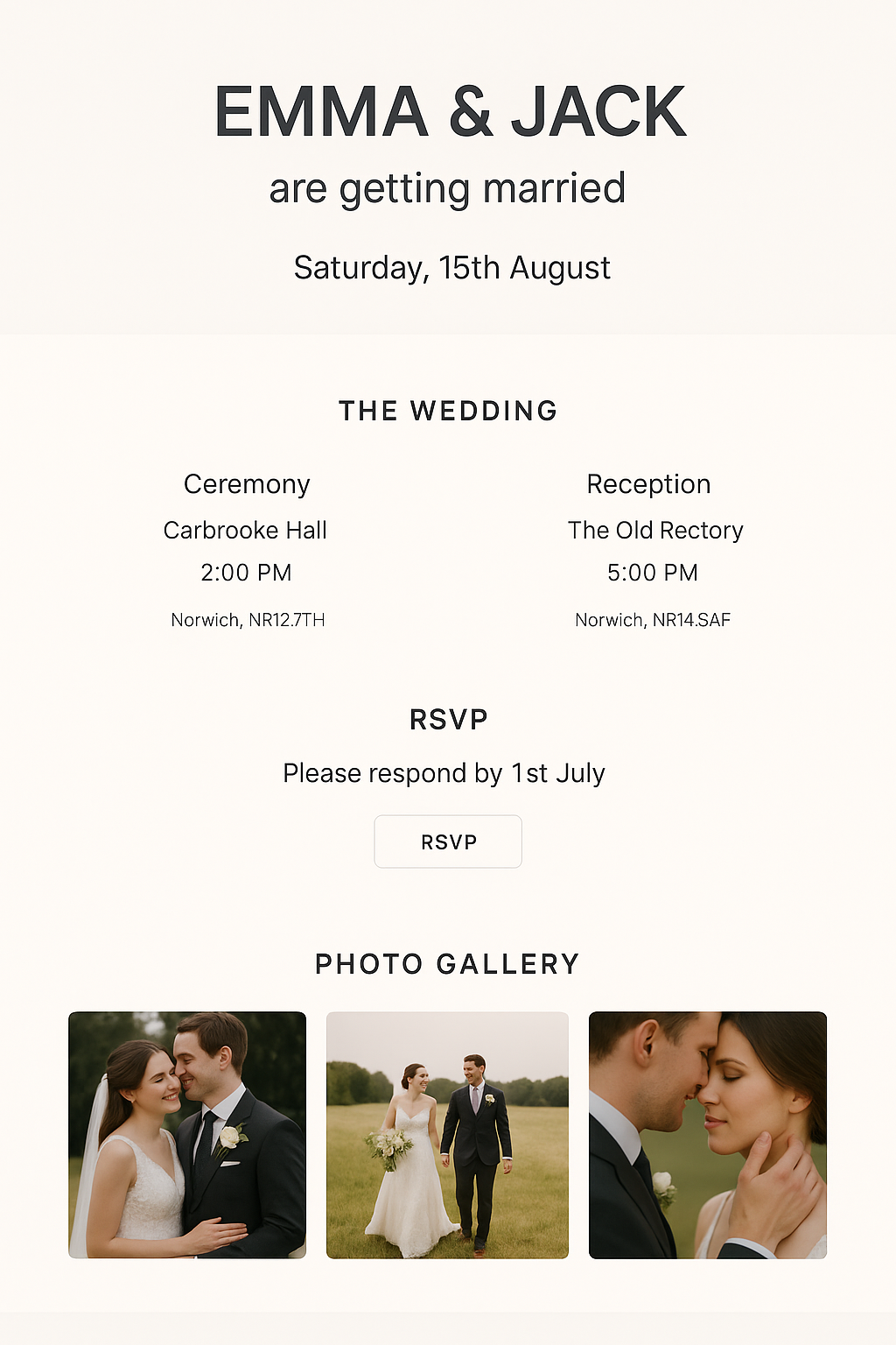Wedding invitation card with details of Emma & Jack's wedding on August 15th, including ceremony at Carbrooke Hall at 2 PM and reception at The Old Rectory at 5 PM in Norwich, with RSVP and photo gallery of a couple in wedding attire.
