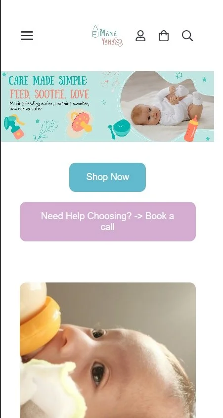 A baby lying on a changing pad, wearing a white onesie, with baby bottles and pacifiers on a banner above, and a close-up of a baby drinking from a bottle below, on a mobile app or website interface.