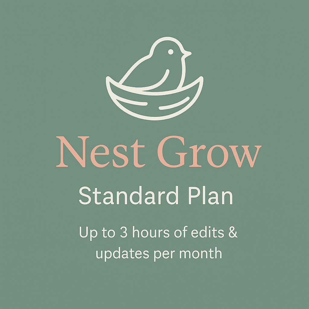 Logo of a bird in a nest with the words 'Nest Grow' and 'Standard Plan' and text 'Up to 3 hours of edits & updates per month' on a green background.