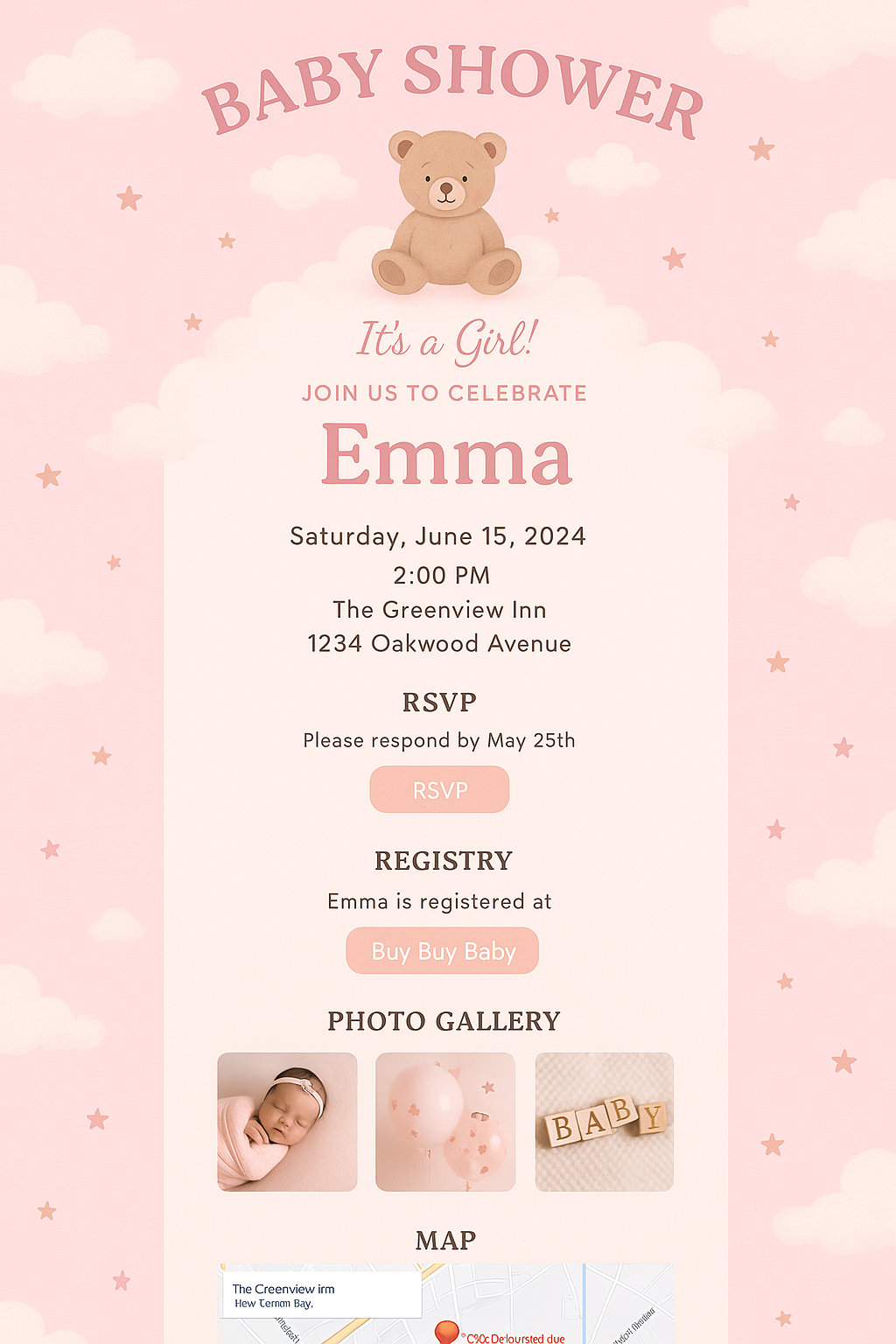 Baby shower invitation with pink background, teddy bear illustration, clouds, stars, and photos of a sleeping baby, pink balloons, and wooden baby blocks spelling 'BABY'.