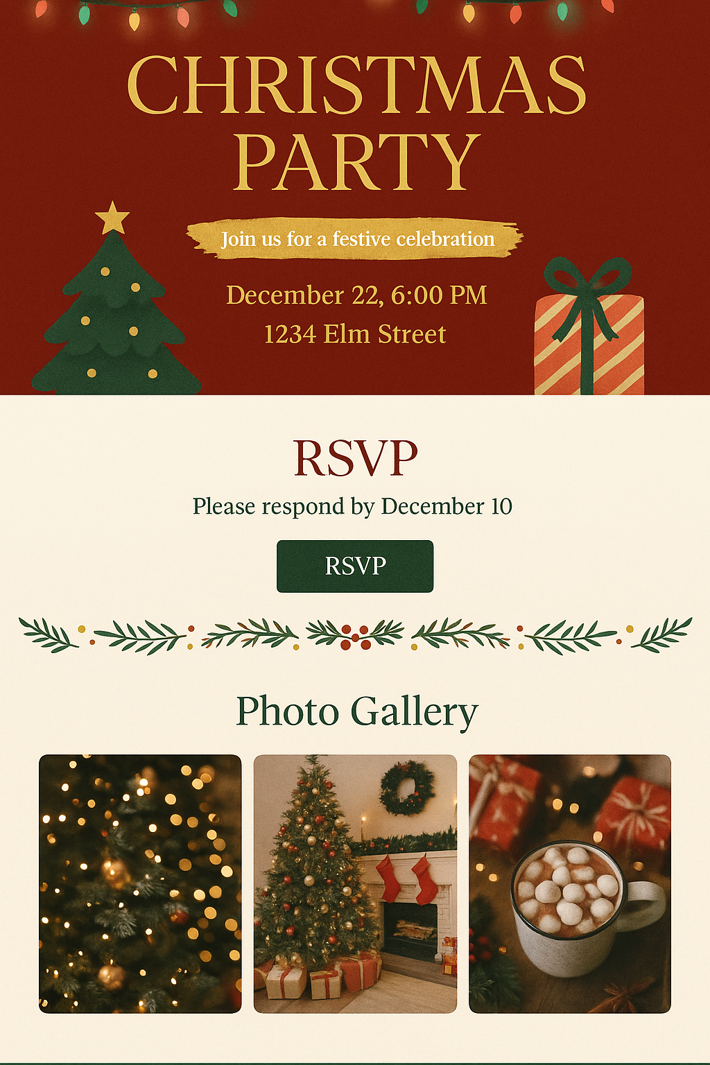 Invitation for a Christmas party featuring a red background with Christmas lights at the top, a Christmas tree, a wrapped gift box, event details, RSVP button, holly decorations, and a photo gallery with images of a decorated tree, a fireplace with s