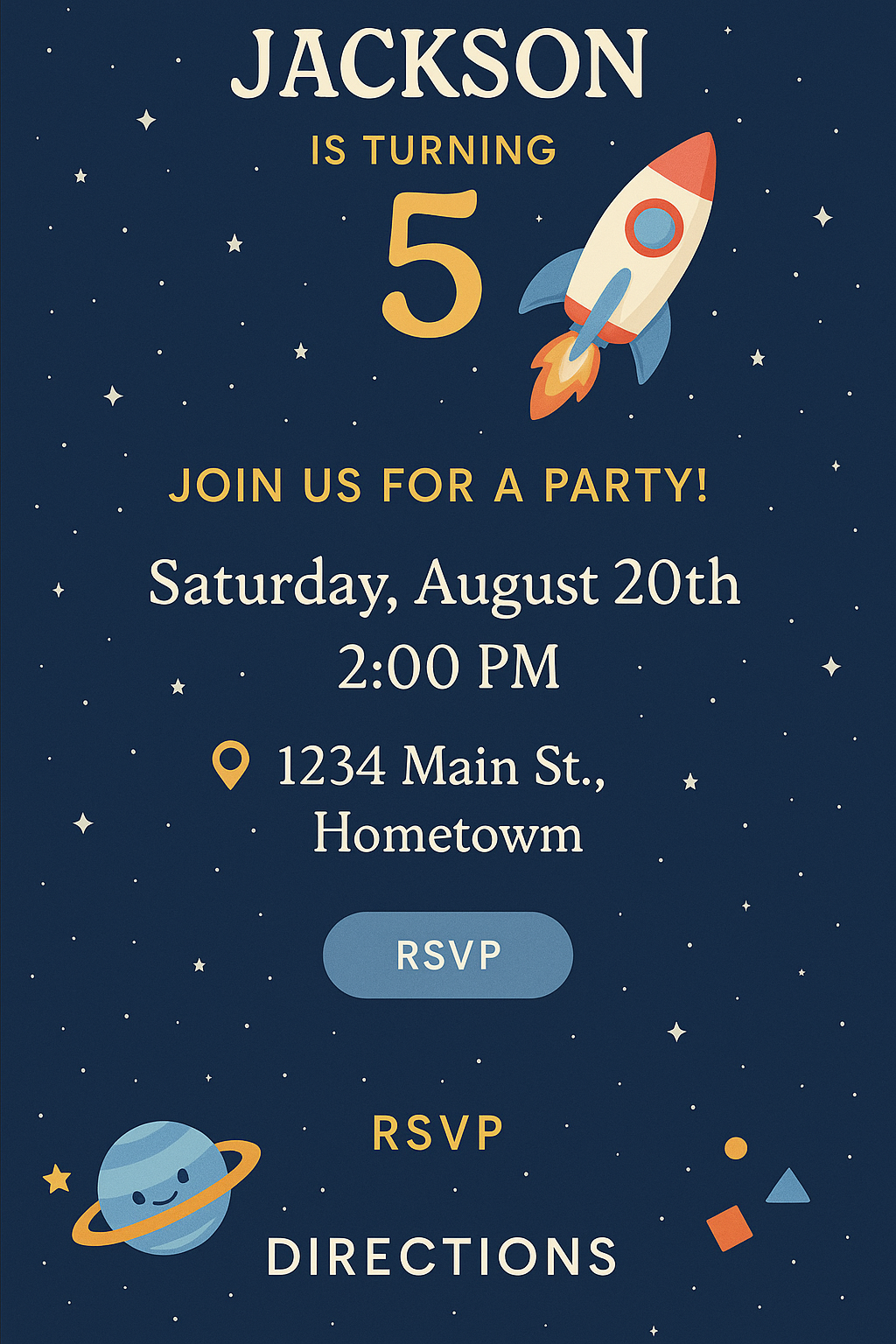 Space-themed birthday invitation with a rocket, planets, planets, stars, and a dark blue background.