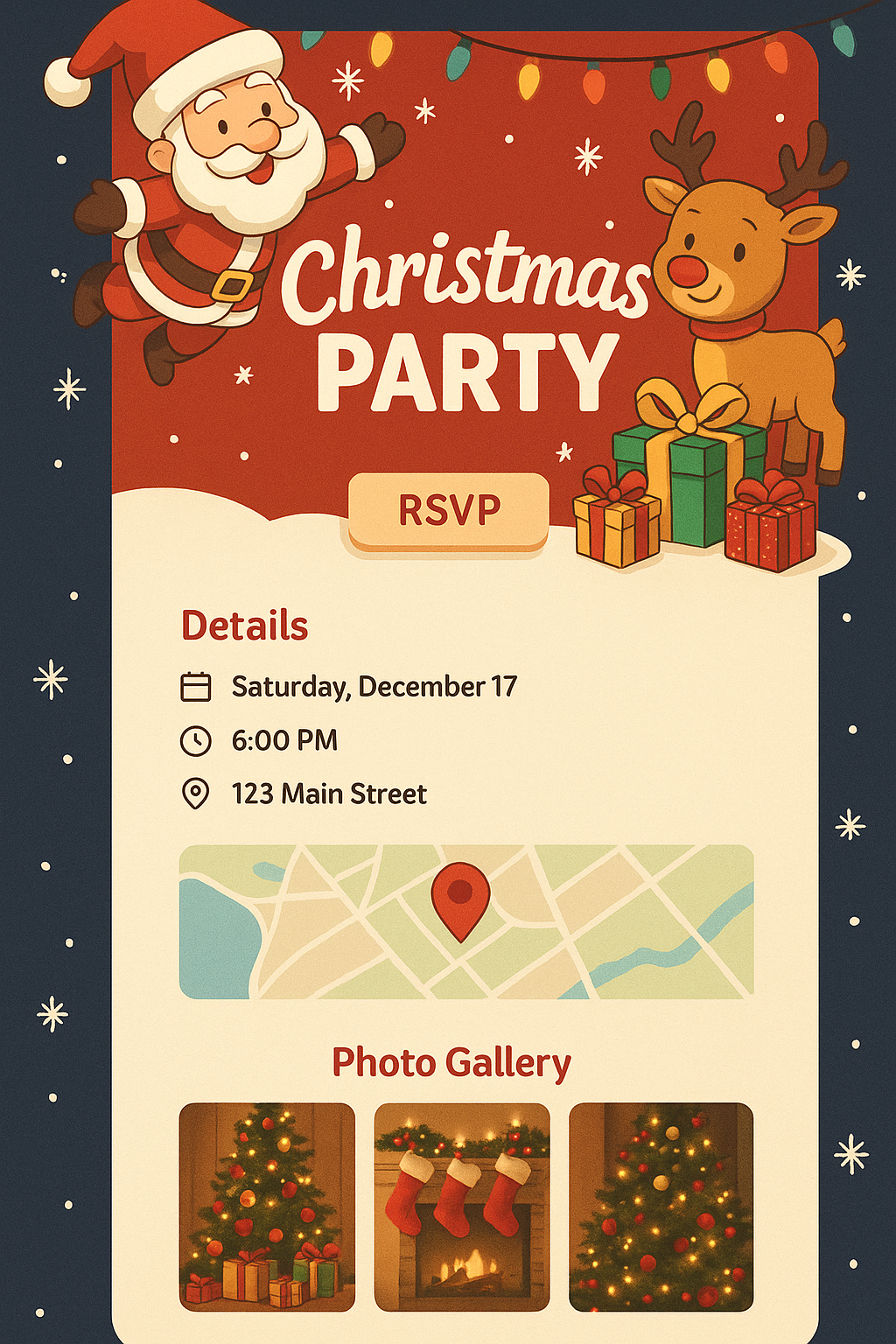 Christmas party invitation featuring Santa Claus and a reindeer with presents. Details include date, time, and location. There is a map and a photo gallery showing a decorated Christmas tree, stockings, and a fireplace.