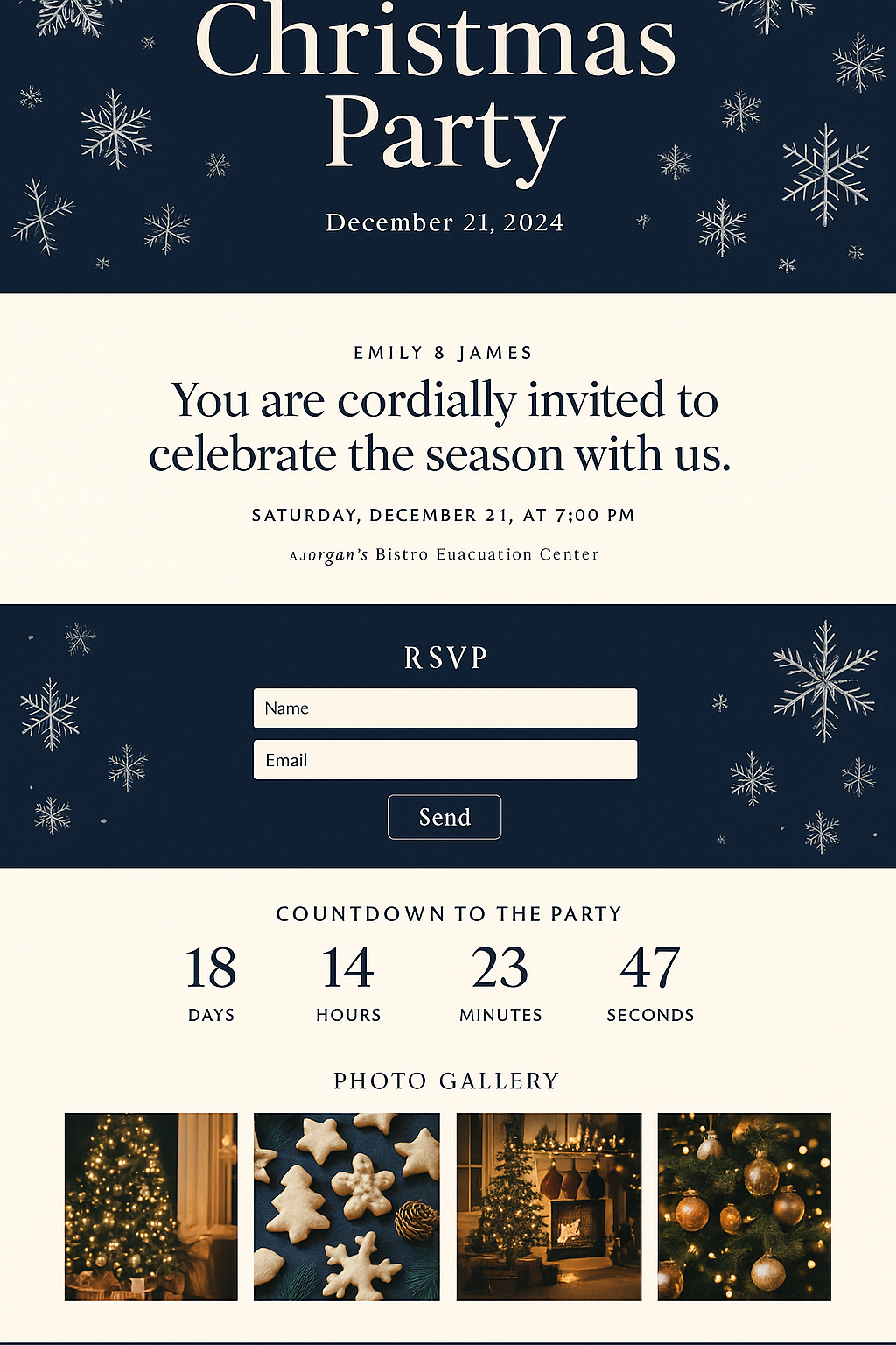 Christmas party invitation with a dark blue background, white snowflakes, and sections for event details, RSVP, a countdown, and a photo gallery of decorated Christmas trees and ornaments.