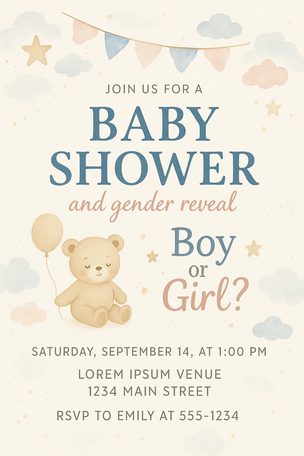 Invitation to a gender reveal baby shower with pastel colors, clouds, stars, bunting, a teddy bear holding a balloon, and event details.