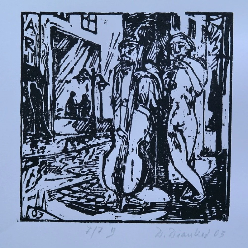 Schwarz-weiße Holzschnittdarstellung von zwei nackten, muskulösen Männern, die sich im Raum begegnen. Im Hintergrund sind weitere Figuren und architektonische Strukturen erkennbar. Der Bildstil ist expressiv mit klaren Linien.