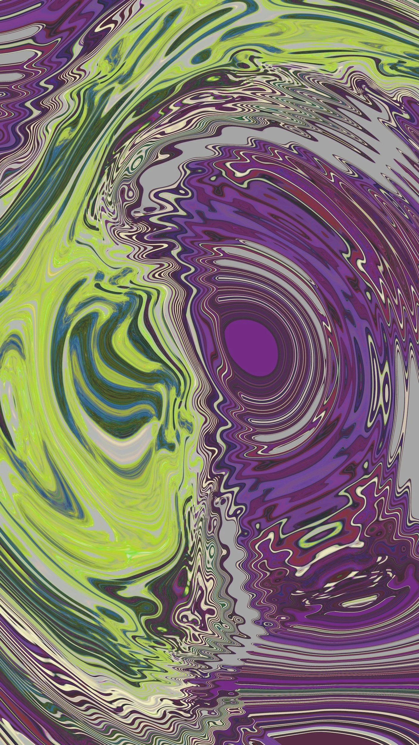 Abstract swirling pattern with purple, green, and gray colors.