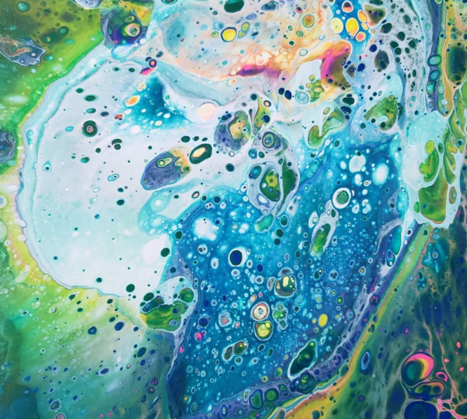 Abstract multicolored fluid art painting with green, blue, yellow, pink, and white hues and various bubble-like formations.