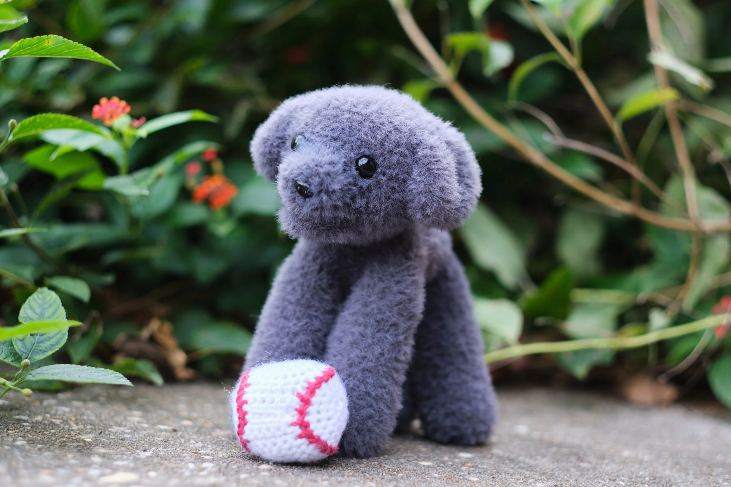 Black Lab Pup with Baseball - Fluffy Crocheted Plushie Dog