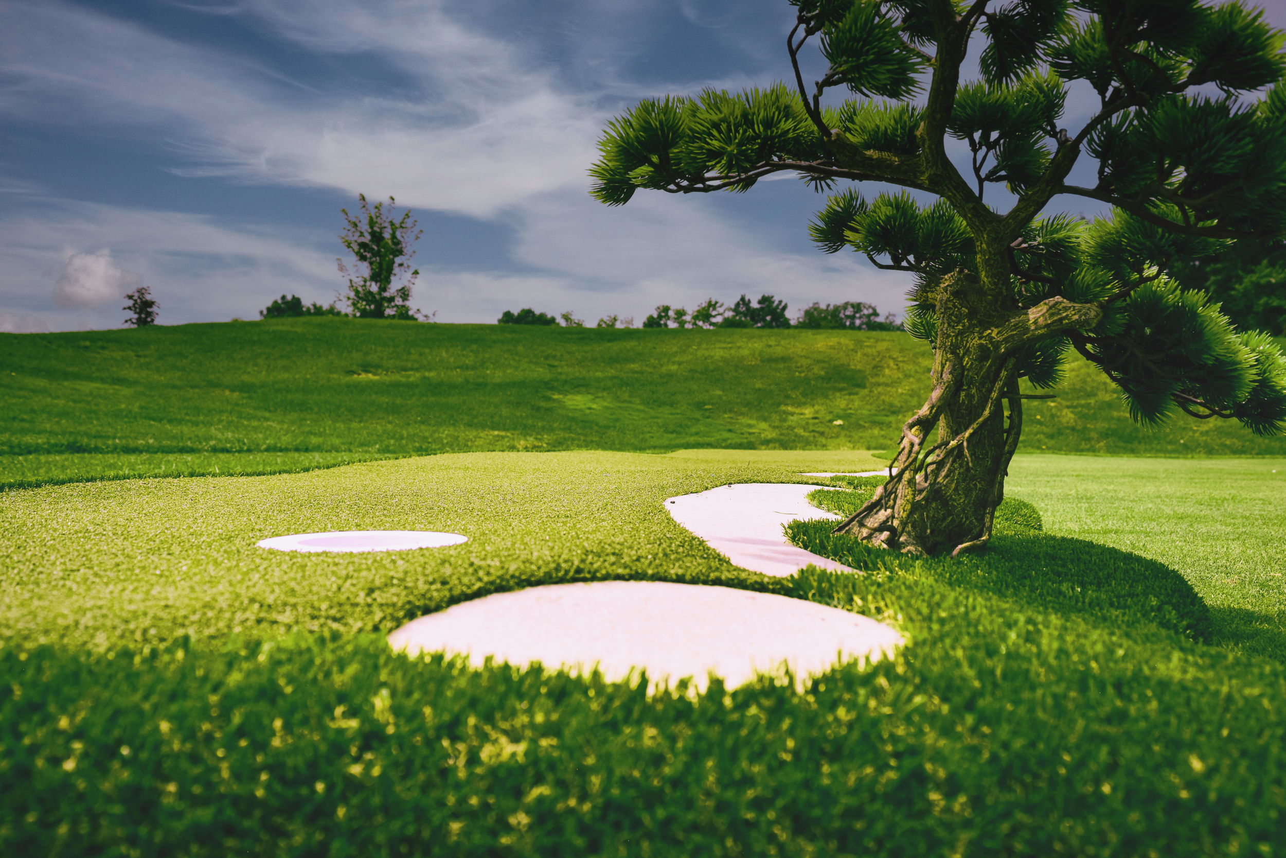 putting green with white sand traps on the edge, and a large tree in the background under a partly cloudy blue sky.