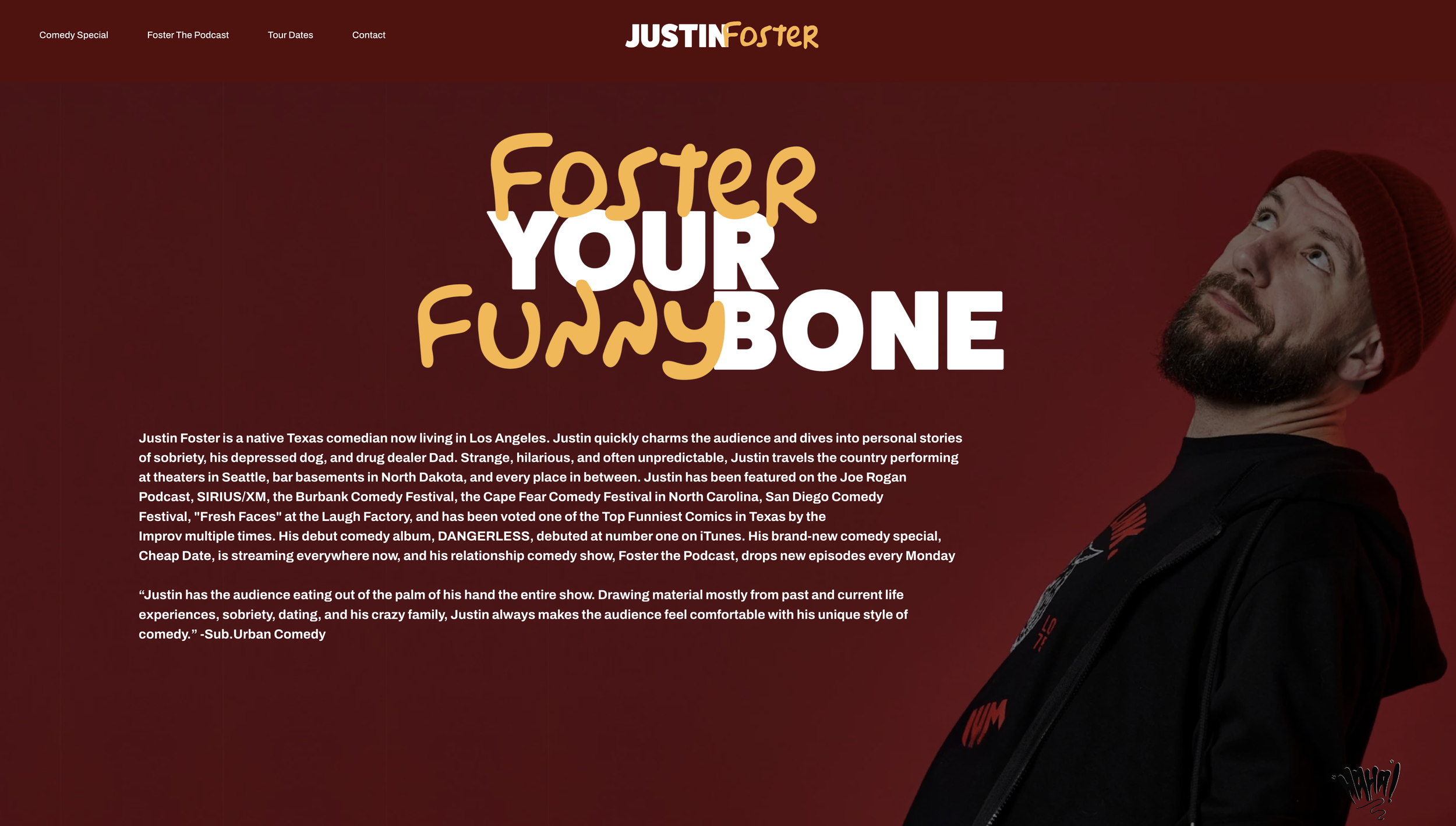 Justin Foster's new comedy website as of March 2026